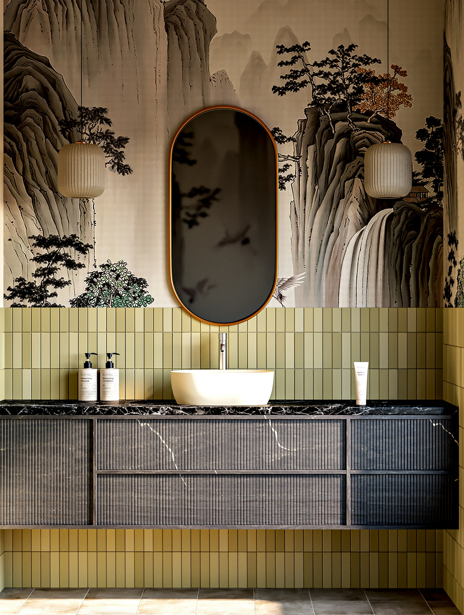 A bathroom with a landscape-print statement wallcovering, marble counter and sculptural sink
