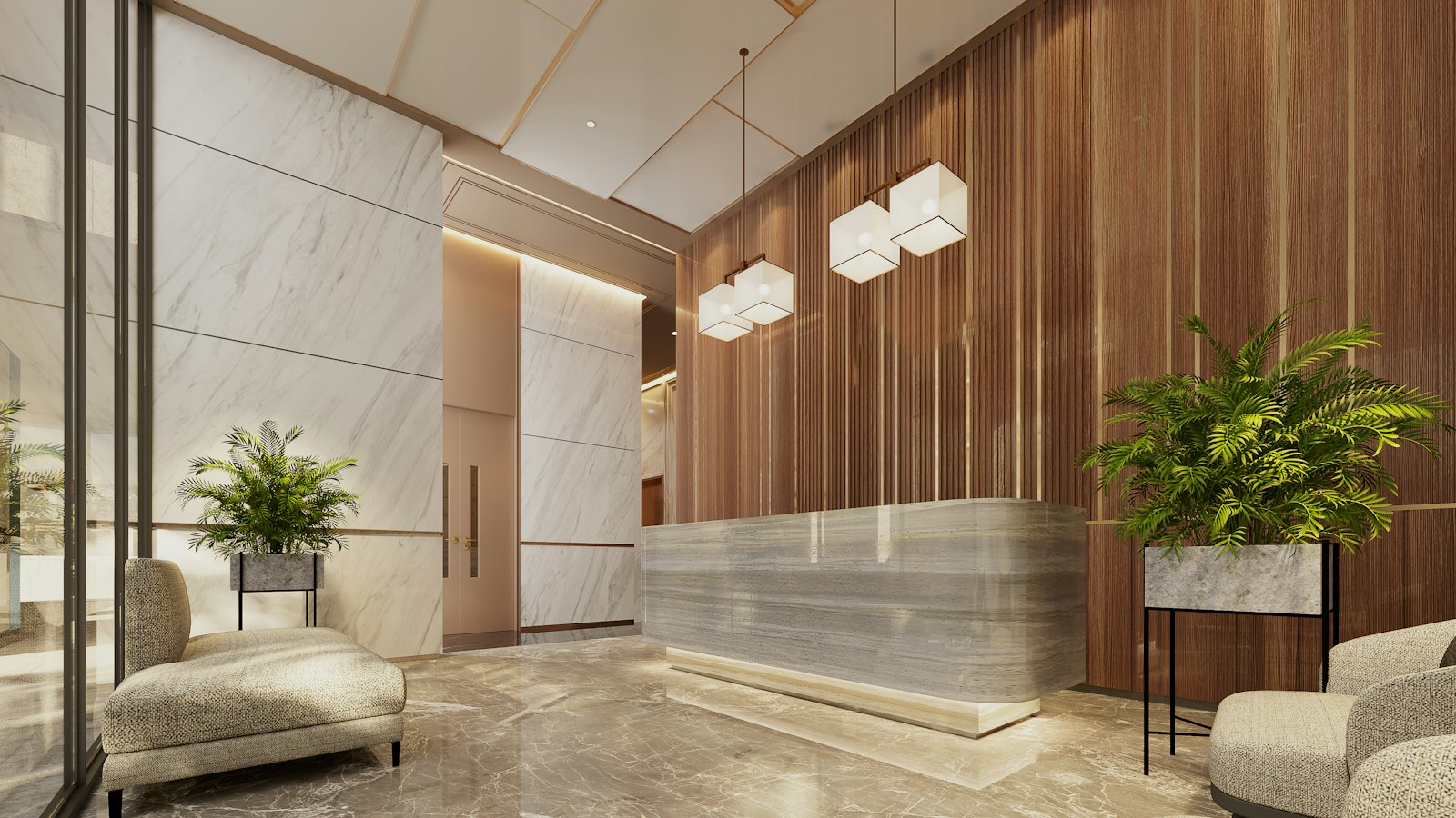 A marble and timber-panelled lobby with plants